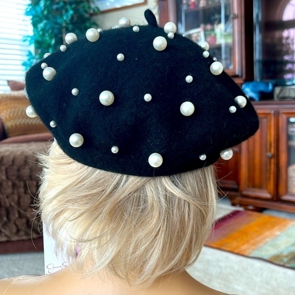 Brand New Jessica Simpson Black Wool French Beret w/ Faux Pearl Accents Beaded main image 5